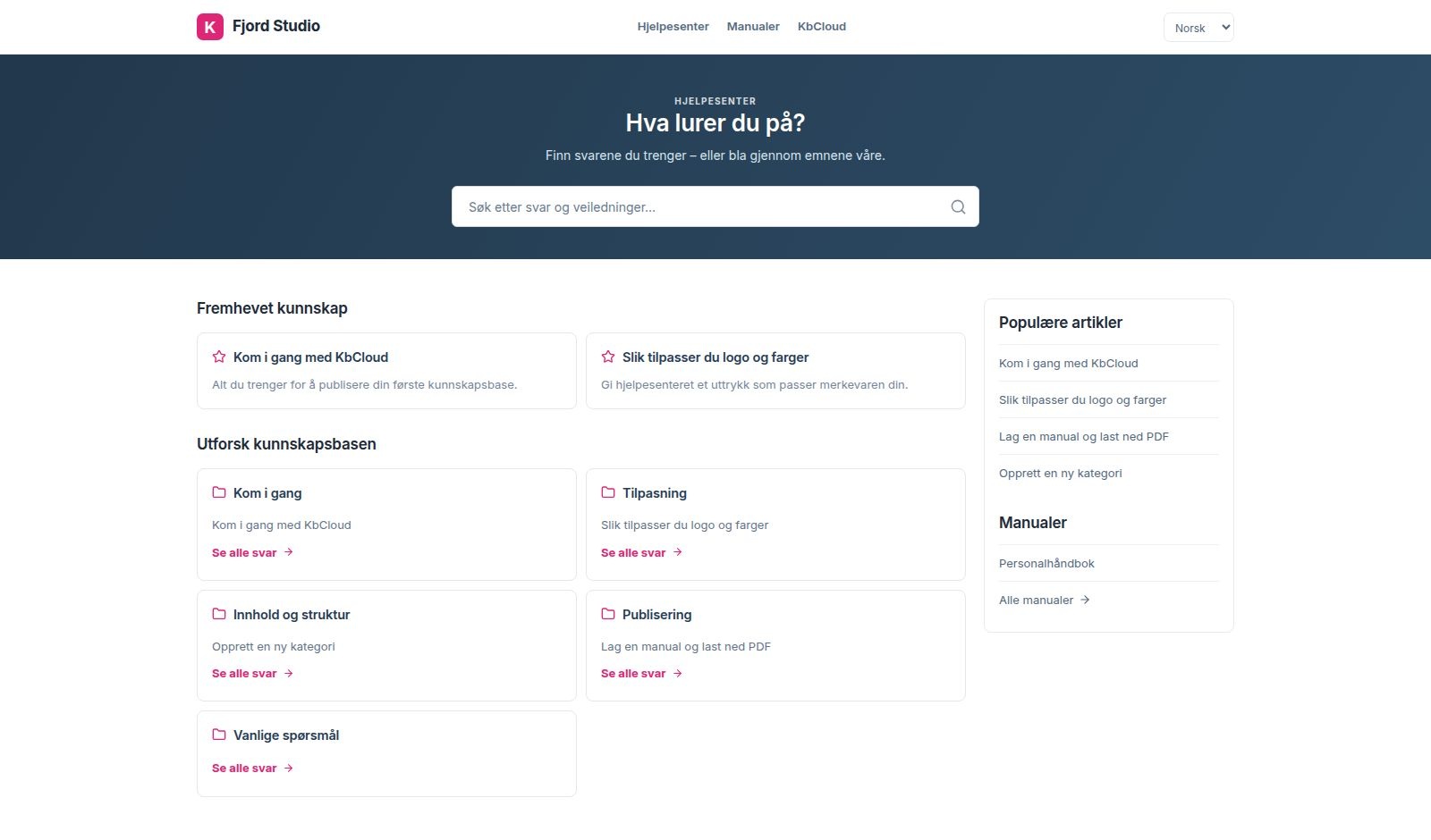 KbCloud hjelpesenter med søkefelt, kategorier og publiserte svar.