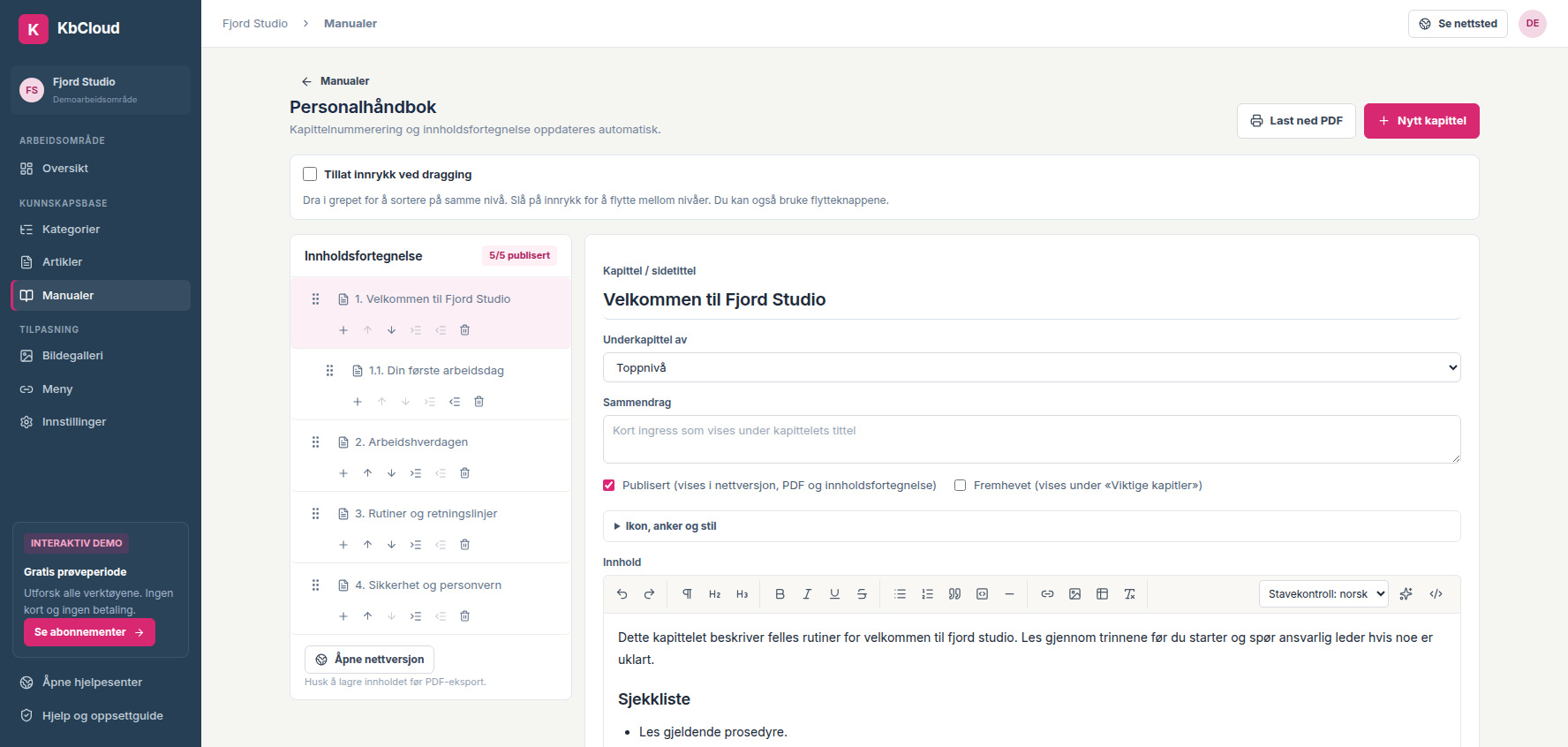 KbCloud-arbeidsområdet med underkapitler, kunnskapsbaseartikler og PDF-eksport.